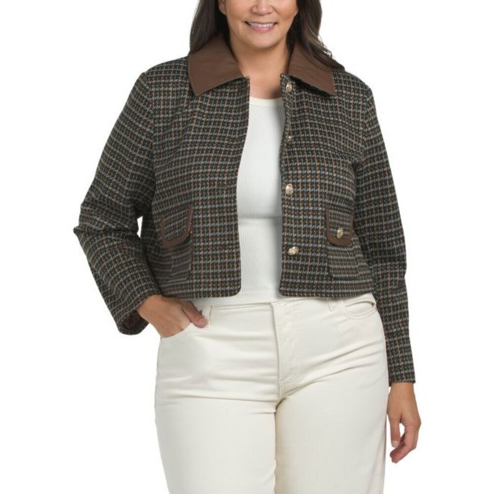 Bagatelle Collection Womens Brown Tweed Knit Faux Leather Jacket Plus Sz 2X New